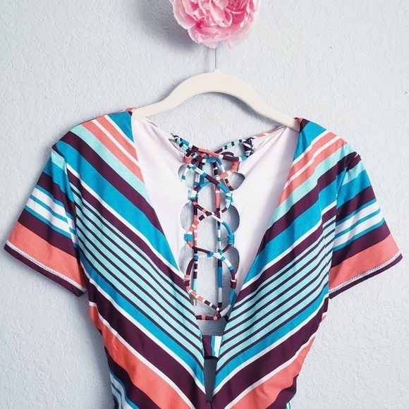 Laundry By Shelli Segal Multicolor Striped Lace Up Back One Piece Swimsuit - Picture 3 of 10